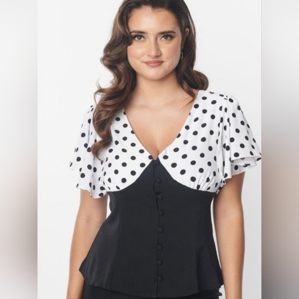 Unique Vintage 1930s Black & White Dot Flutter Sleeve Blouse